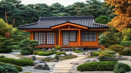 Fototapeta premium Serene Japanese-style house surrounded by lush gardens and tranquil pathways