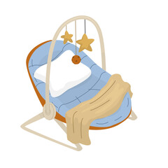 Modern cradle with rocking mechanism. Accessory for newborn baby sleep and wakefulness. Cozy furniture for children's room. Vector illustration isolated on transparent background.