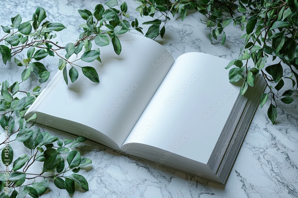Poster blank book surrounded by green leaves on a marble surface invites creativity and imagination in a se