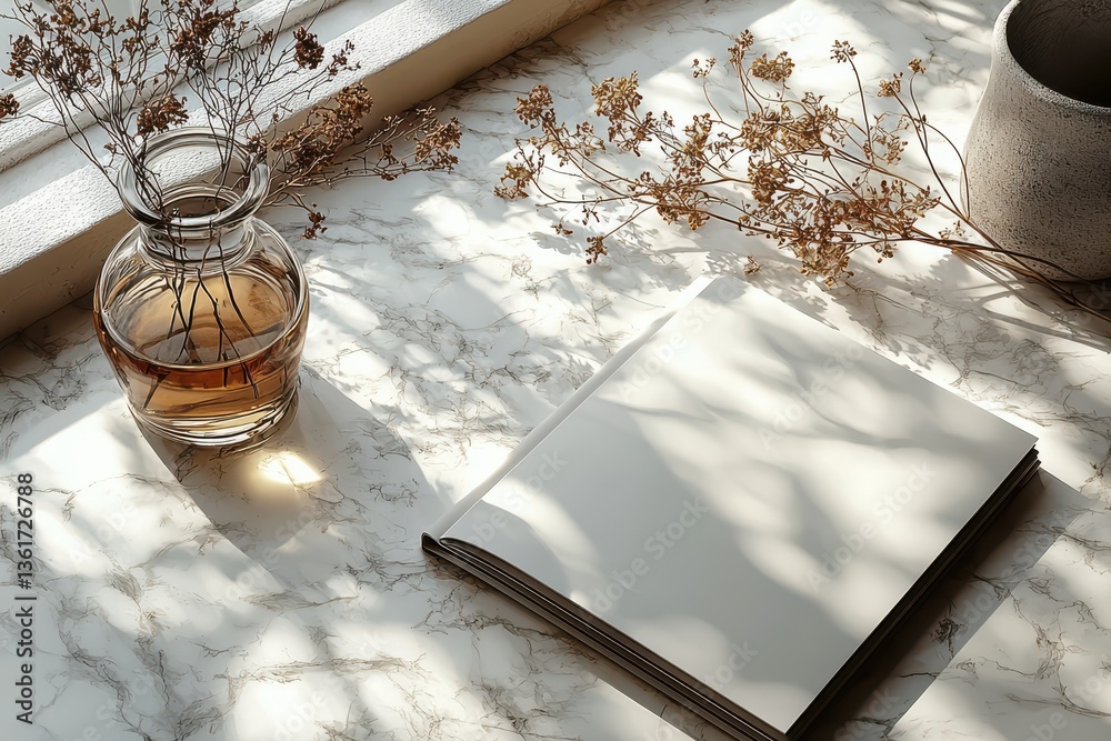 Poster relaxation and creativity flow in a sunlit workspace with natural decor and a blank notebook on a ma