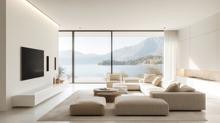 Modern living room with lake view; spacious, relaxing atmosphere; ideal for showcasing furniture, interior design; use for home d?cor, architecture, real estate, travel inspiration