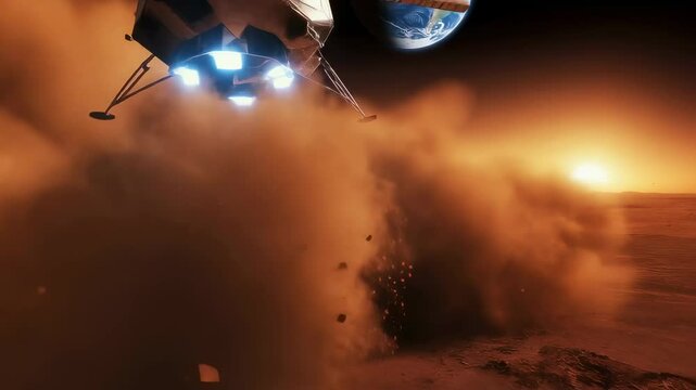 Mars exploration spacecraft landing on red planet surface. Earth visible in sky. Futuristic space mission concept. Colonization of Mars and interplanetary travel
