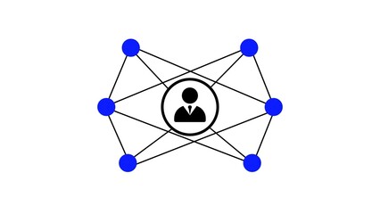 Networking collaboration with central figure and blue nodes.