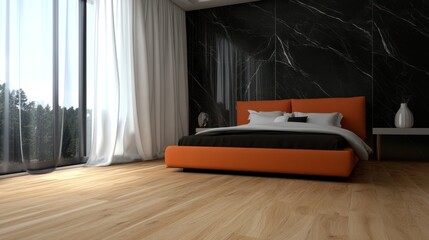 Modern bedroom interior with orange headboard, large windows, and hardwood floors