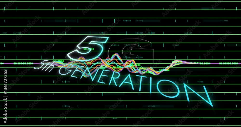 Poster animation of 5th generation text with colorful data lines over digital grid