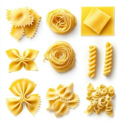 set of different types of pasta isolated on white background