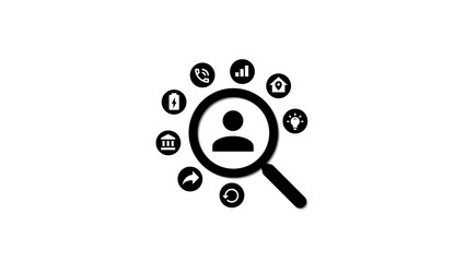 A magnifying glass focusing on a person icon with symbols of data analysis and innovation.