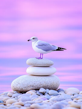 Serene seagull perched atop balanced stones at sunset