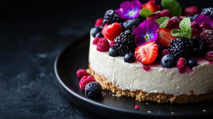 Delicious Fruit-Topped Cheesecake, appetizing dessert, close-up