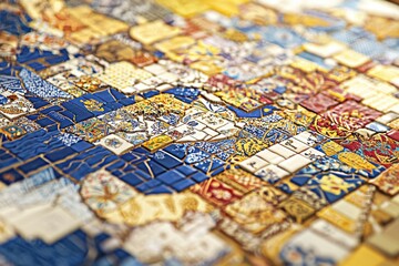 Naklejka premium A vibrant mosaic surface showcasing an intricate pattern of colorful tiles, creating a rich and detailed texture that captivates the eye with its artistry.