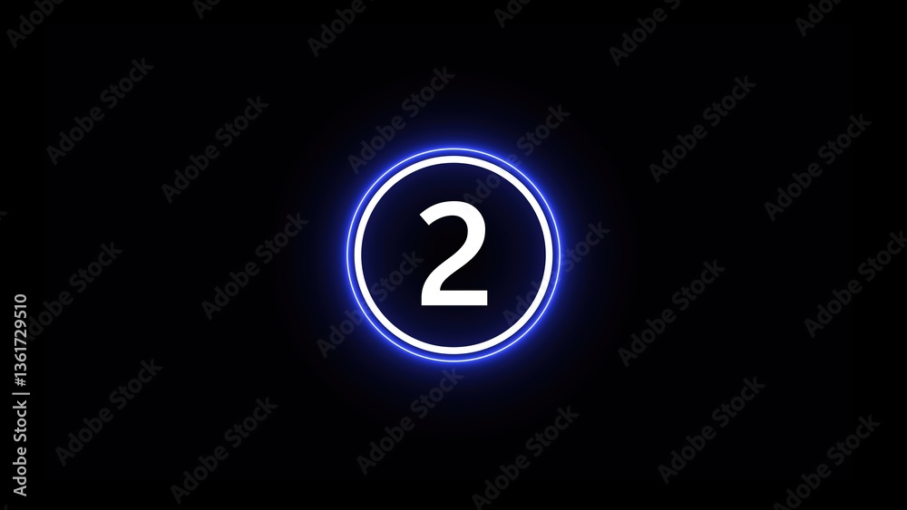 Poster a glowing blue circular countdown timer displaying the number 2 against a black background.
