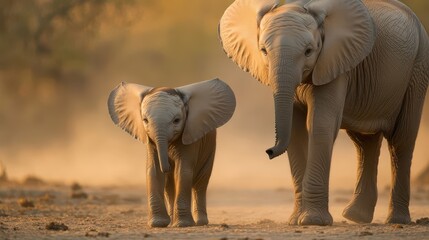 Fototapeta premium A mother elephant and her calf walking in the sunlight