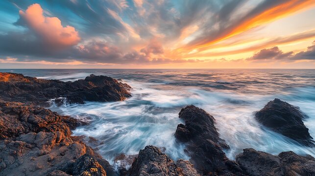 A photo of the Oregon coast with a rocky shoreline and a dramatic sky