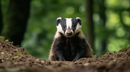 A badger with its distinct facial markings looks forward