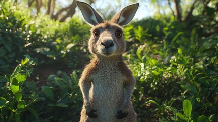 Majestic kangaroo stands tall amidst vibrant bushland. Sunlight filters through lush foliage, creating a serene and captivating scene