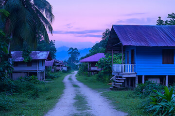 Fototapeta premium Serene sunset over a rural village road lined with stilt houses