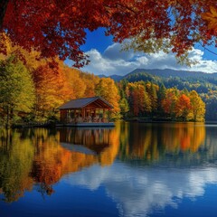 Fototapeta premium Autumn Serenity, A Lakeside Cabin Reflecting Seasonal Splendor