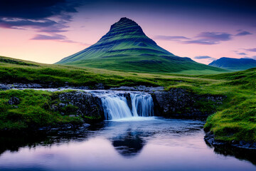 Serene sunset over a verdant mountain and cascading waterfall
