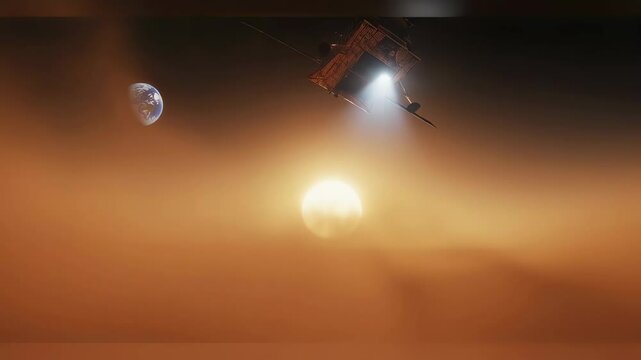 Mars exploration spacecraft landing on red planet surface. Colonization mission to alien world. Future space travel and interplanetary settlement concept
