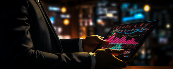 Professional businessman holding a tablet with a luminous digital hologram of financial charts and stock market data, dark background, real photo