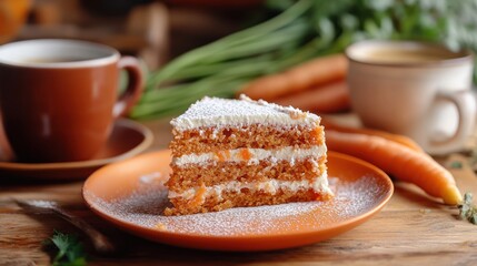Slice of Carrot Cake with Coffee, Home-style Dessert