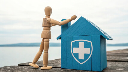 A wooden mannequin embracing a blue house with a plus sign, emphasizing healthcare access, social security, and medical planning.