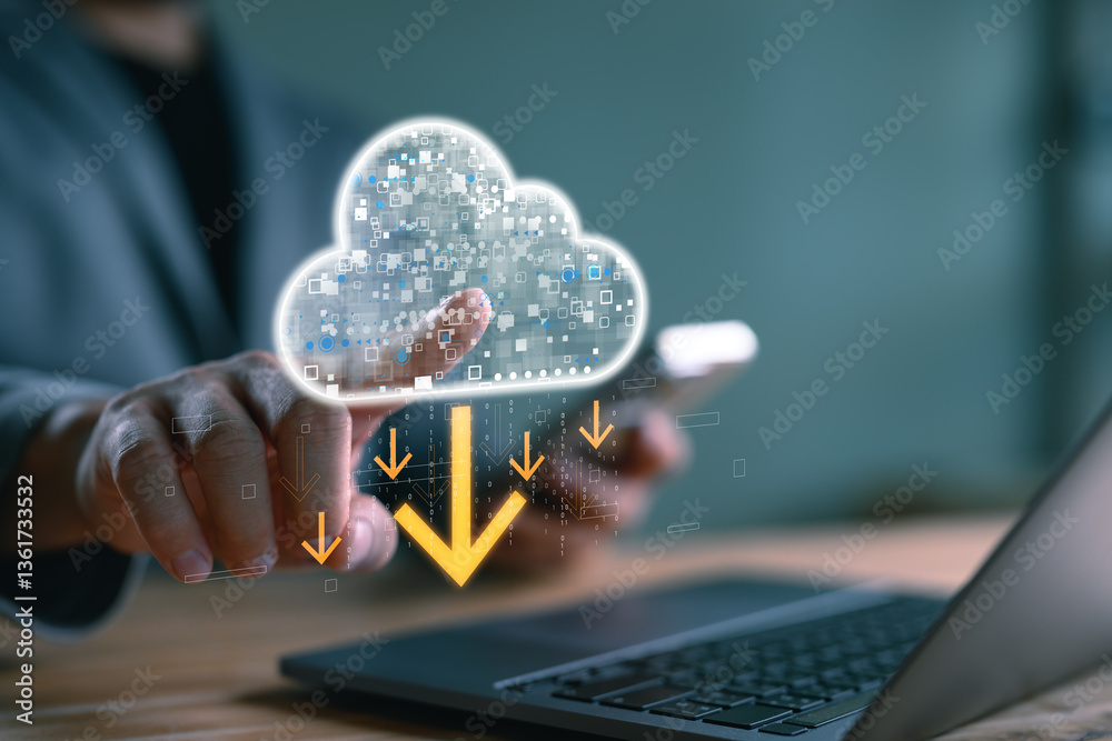 Poster cloud computing and data management. big data analytics and business intelligence concept, businessm