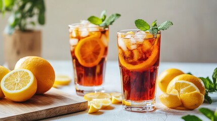 Iced tea drinks with lemon slices and mint on a table
