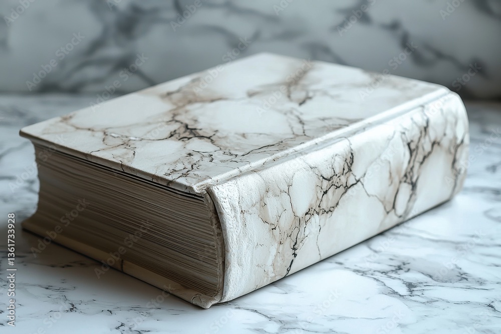 Aufkleber Marbled hardcover book resting on a white marble table displaying intricate patterns and textures in soft lighting