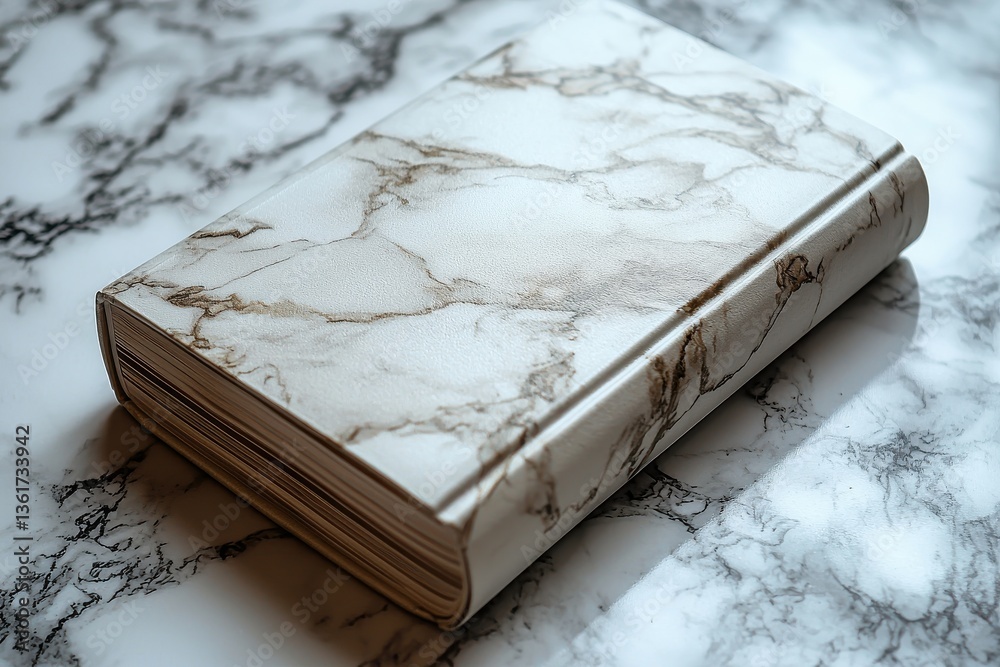Poster decorative marble-patterned notebook resting on a marble tabletop in soft, natural light