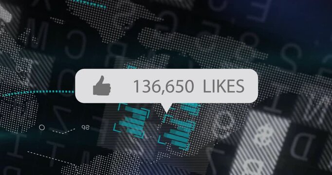 Thumbs-up icon with 209,285 likes over digital world map animation