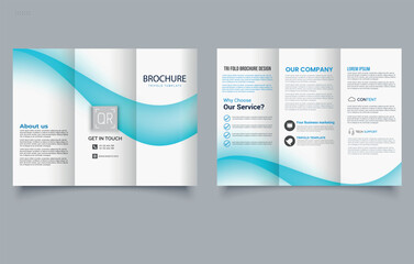 Trifold Brochure Template with blue gradient waves. Editable image.