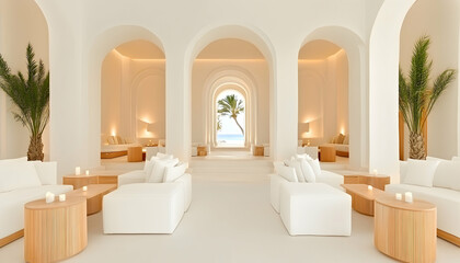 Serene white lounge with ocean view