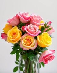Obraz premium A vibrant bouquet of pink and yellow roses in a clear glass vase, showcasing their delicate petals and lush foliage, spring, gift