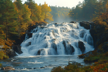Autumnal falls cascading water surrounded by colorful forest