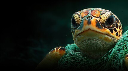 Fototapeta premium Close Up Of A Sea Turtle Entangled In Fishing Net