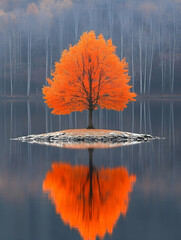 Autumnal orange tree reflecting on water, misty background forest