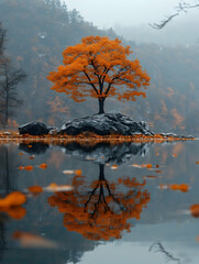 Autumnal tree on rock reflects into water
