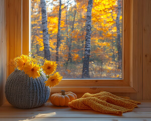 Autumnal window scene with yellow flowers, pumpkin, and cozy sweater
