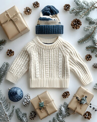 Baby clothes and presents are arranged amidst winter decorations on a clean, white surface