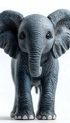 Baby elephant figurine, cute animal front view, gray and white background