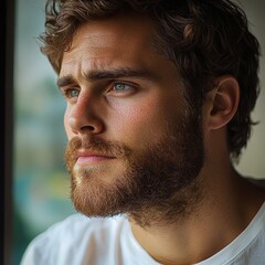 Fototapeta premium Pensive gaze through the window. Curly hair and beard frame a thoughtful expression. Soft focus creates a dreamy, intimate portrait
