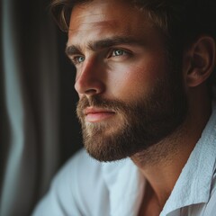 Obraz premium Pensive gaze through a window. Soft light illuminates a man's face, creating a contemplative and slightly blurred portrait