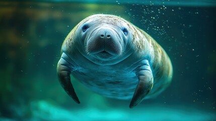 Gentle giant manatee glides through clear, blue-green waters. A serene underwater moment