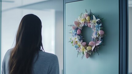 Strategic Latin business leader analyzing data sheets, a pastel-colored Easter wreath on the office door