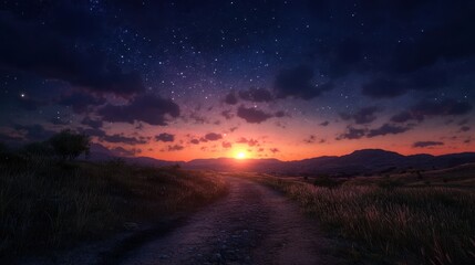 Fototapeta premium Starry night skies meet a desert road and gorgeous sunset colors. Use for travel blogs, spiritual journey imagery, or natural beauty scenes.