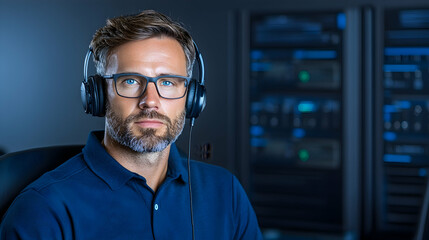 Serious man in glasses and headset sits before server racks