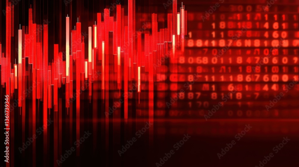 Poster striking red binary code visualization representing stock index fluctuations and market trends in fi