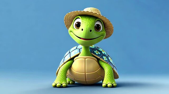 Happy green turtle cartoon character wearing a straw hat walking and posing on solid blue background