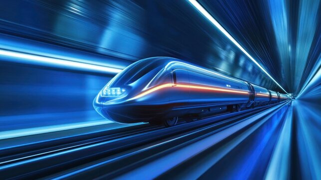 Futuristic hyperloop train speeding through a blue tunnel of light beams